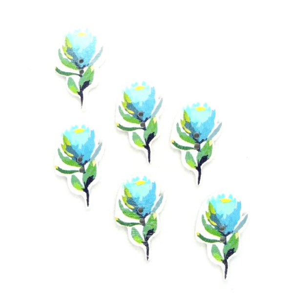 6 Boutons en bois fantaisie - fleur bleu - 30x16mm - BRI601 - Photo n°1
