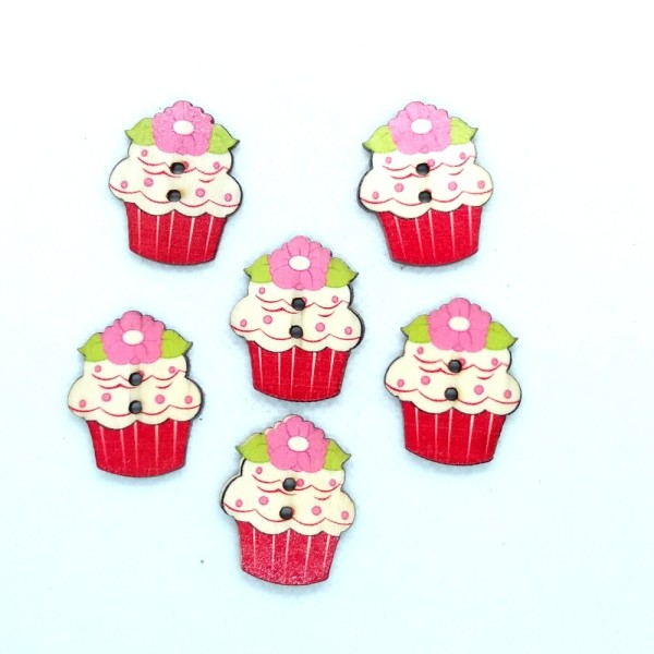 6 Boutons en bois - cupcake rouge, fleur rose - 24x30mm - BRI602 - Photo n°1