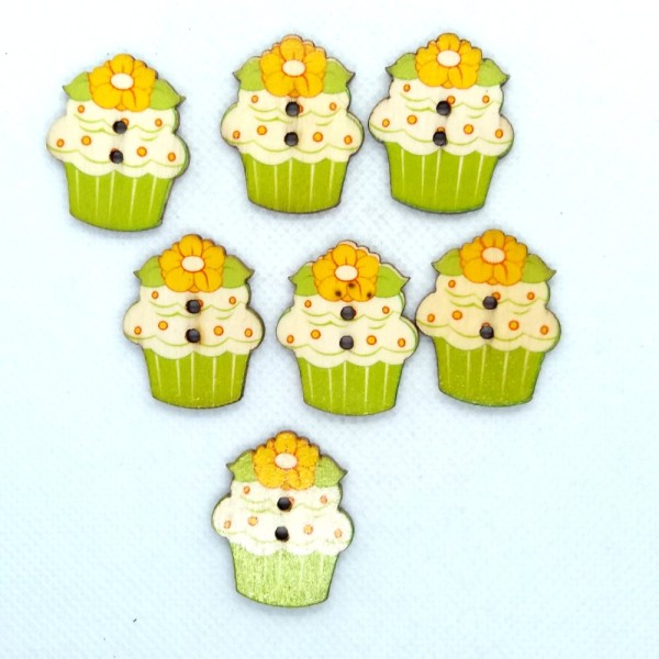 7 Boutons en bois - cupcake vert, fleur jaune - 24x30mm - BRI602 - Photo n°1