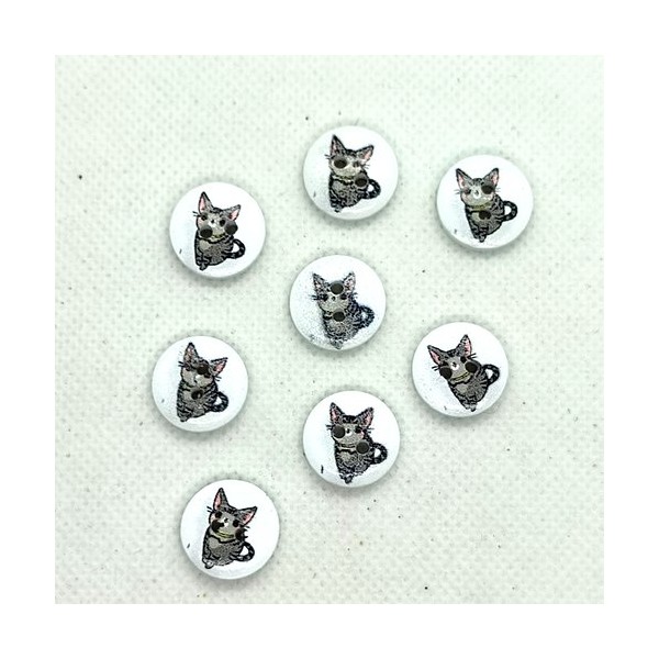 8 Boutons en bois - chat gris sur fond blanc - 15mm - BRI646n6 - Photo n°1