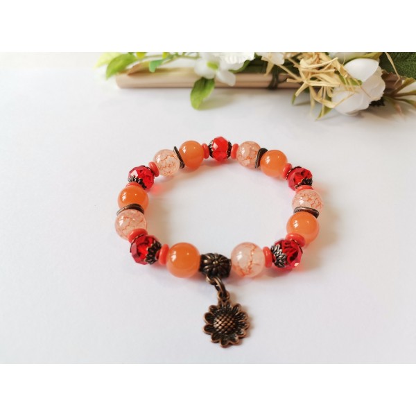 Kit bracelet fil élastique perles en verre orange et rouge - Photo n°1