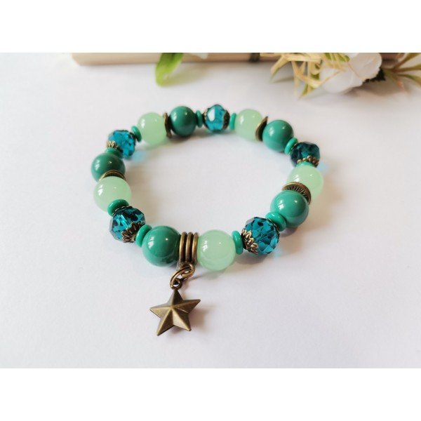 Kit bracelet fil élastique perles en verre verte et turquoise - Photo n°1