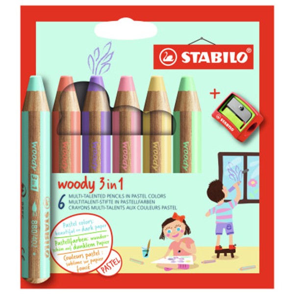 Stabilo Woody 3 en 1 - Coloris Pastel - 6 pcs + 1 taille crayon - Photo n°1