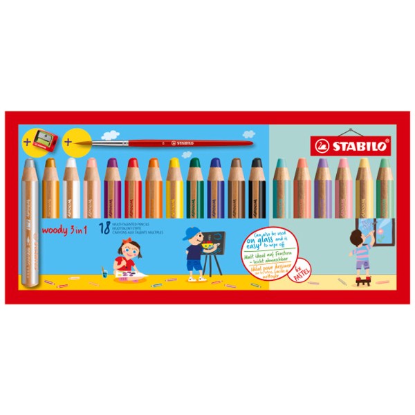 Stabilo Woody 3 en 1 - Coloris assortis - 18 pcs + pinceau et taille crayon - Photo n°1
