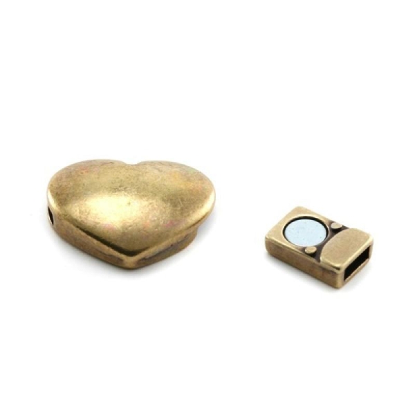 Fermoir en métal bronze coeur magnétique 20x16 trou 5.1x2.2 pour cuir, lanière, cordon 5 mm - Photo n°1