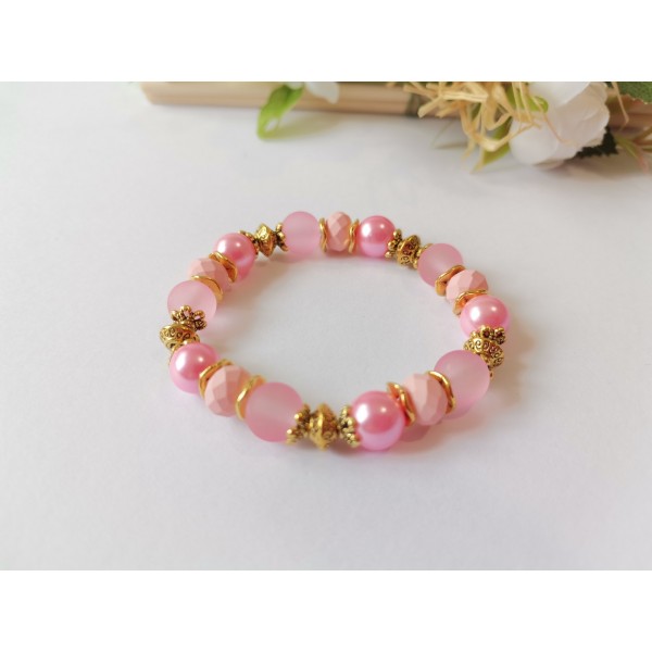 Kit bracelet fil élastique perles en verre rose - Photo n°1