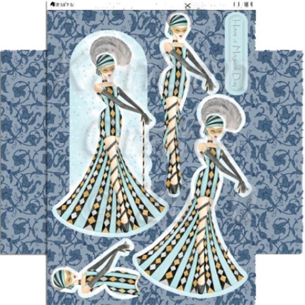 Carte prédécoupée - PCT003 - Femme robe rayures turquoise - Photo n°1