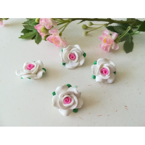 Perles fleurs pâte polymère 23 mm blanche et rose x 2 - Photo n°1