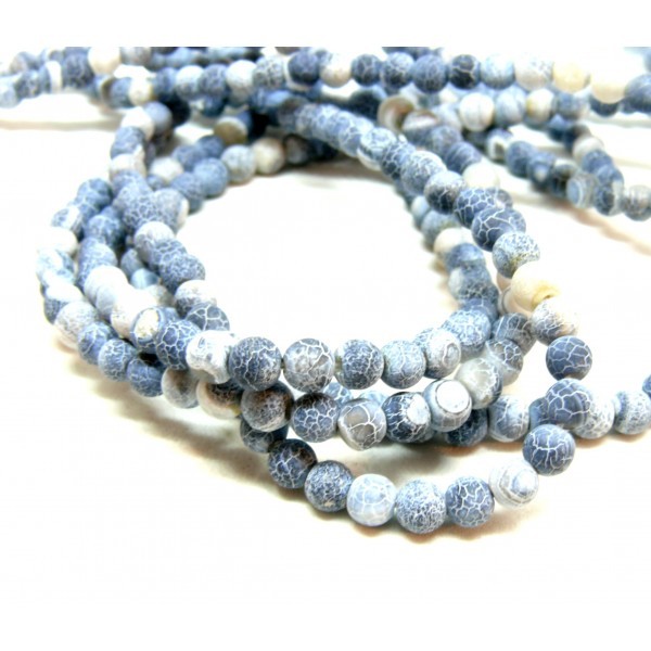 HS237 lot 1 fil d'environ 95 perles rondes 4 mm, Agate craquelée, effet givre, Gris Bleu coloris 05 - Photo n°1