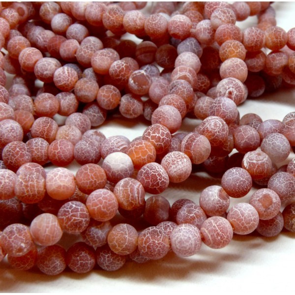 HF367 Lot 1 fil d'environ 64 perles rondes 6 mm, Agate craquelée, effet givre, Rouge Orange coloris - Photo n°1