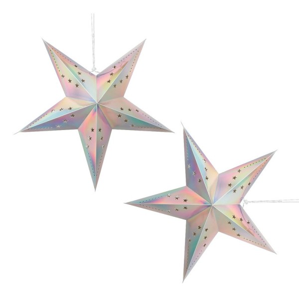 Lot de 2 grandes Lanternes étoile irisées, dim. 60 cm, suspension en carton - Photo n°1