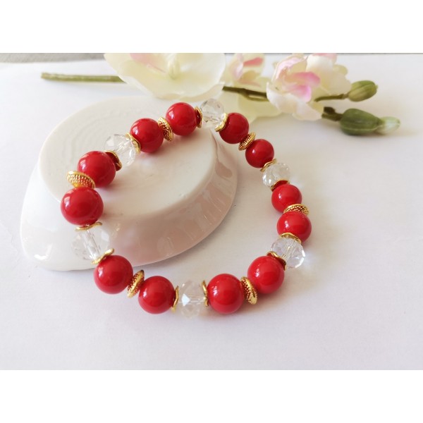 Kit bracelet fil élastique et perles en verre rouge et cristal - Photo n°2