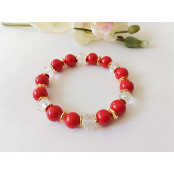 Kit bracelet fil élastique et perles en verre rouge et cristal - Photo n°1
