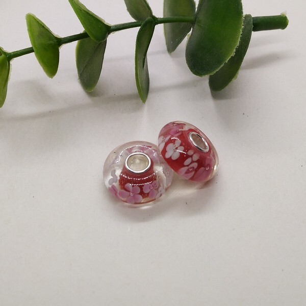 1 perle européenne verre de Murano 8 x 15 mm argent FLEUR ROSE BLANC - Photo n°1