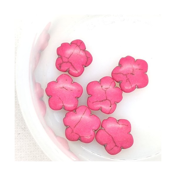 6 Perles fleurs - turquoise reconstituée rose fushia - 14mm - Photo n°1