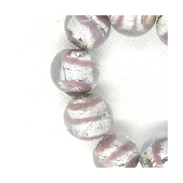 2 Perles venise ronde en verre - argenté /  mauve - 18mm - Photo n°1