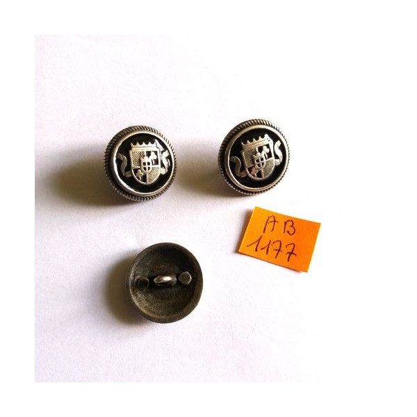 3 Boutons en métal argenté et noir avec un blason - ancien - 20mm - AB1177 - Photo n°1