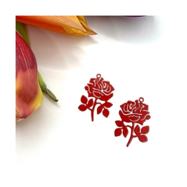 4  Breloques fines Rose Rouge, Fleur Filigrane, 20*15 mm - Photo n°1