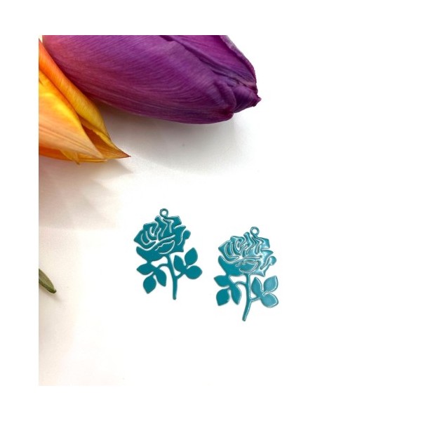 4 Breloques fines Rose Vert Emeraude, Fleur Filigrane, 20*15 mm - Photo n°1