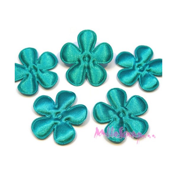 Appliques fleurs tissu satin turquoise - 5 pièces - Photo n°1