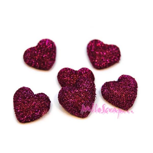Appliques cœurs tissu brillant rose foncé - 6 pièces - Photo n°1