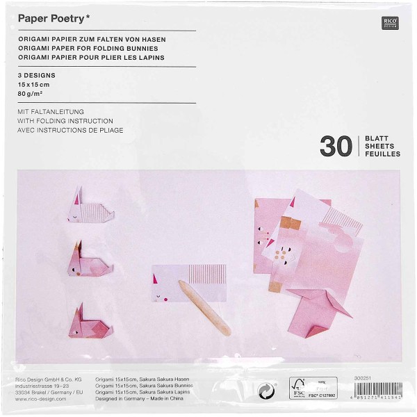 Papier Origami Sakura Rico Design - Lapins - 15 x 15 cm - 30 feuilles - Photo n°2