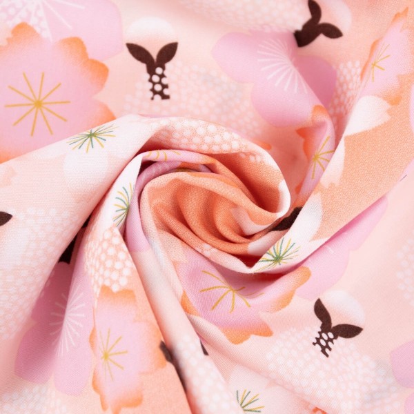 Tissu coton Sakura Rico Design - Rose et Pêche - Fleurs de cerisier - Vendu par 10 cm - Photo n°1