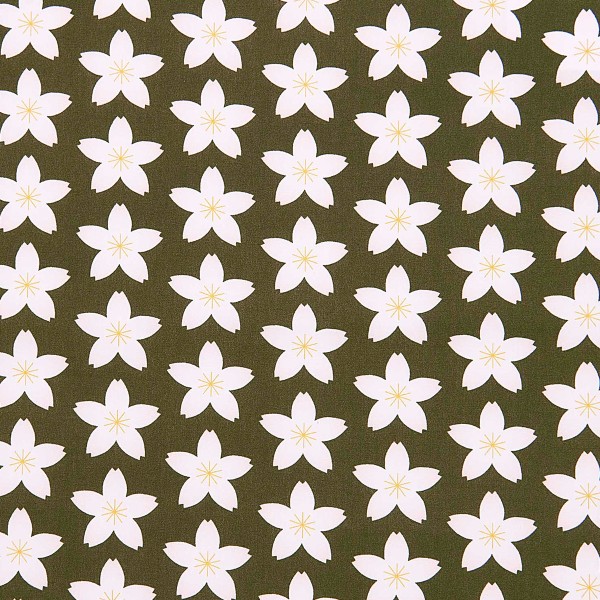 Tissu coton Sakura Rico Design - Vert Olive - Fleurs de cerisier - Vendu par 10 cm - Photo n°1