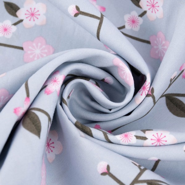 Tissu coton Sakura Rico Design - Bleu ciel - Branche de cerisier - Vendu par 10 cm - Photo n°1