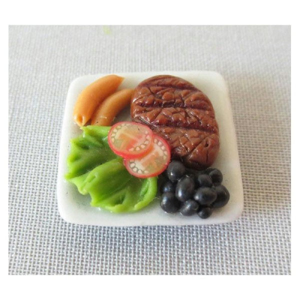 1x Assiette carrée 20mm Plat complet Miniature - Steak & Salade - Photo n°1