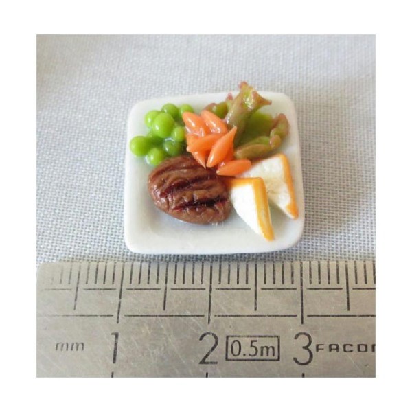 1x Assiette carrée 20mm Plat complet Miniature - Steak & Salade - Photo n°2