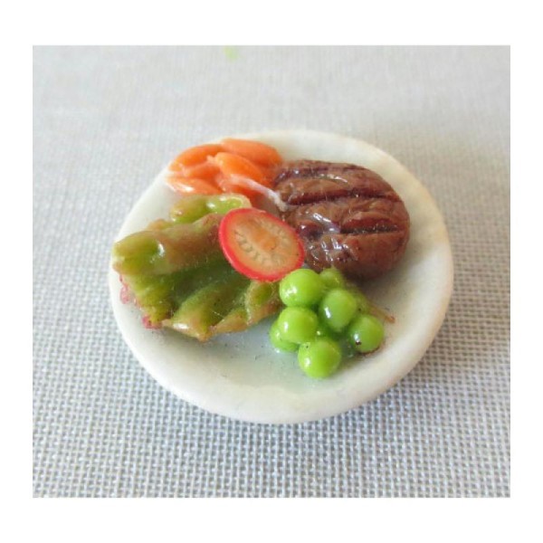 1x Assiette ronde 20mm Plat complet Miniature - Steak & Salade - Photo n°1