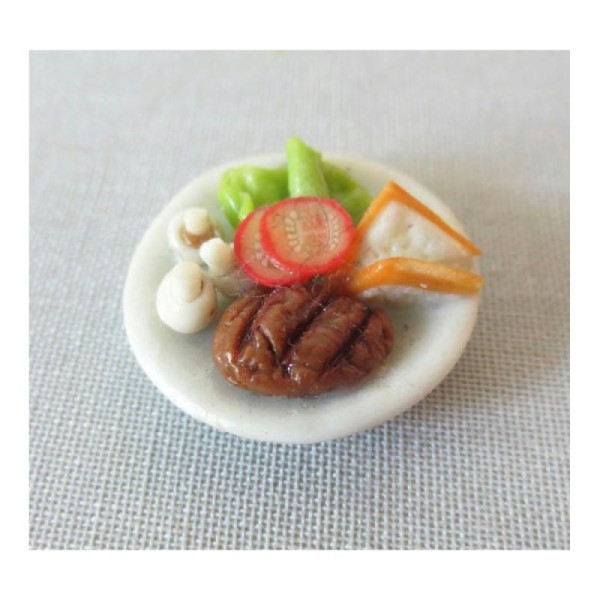1x Assiette ronde 20mm Plat complet Miniature - Steak & Salade - Photo n°1