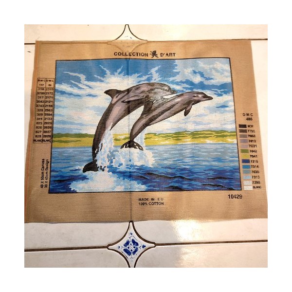 Canevas - 2 dauphins - bleu - 40x50cm - 100% coton - Photo n°1