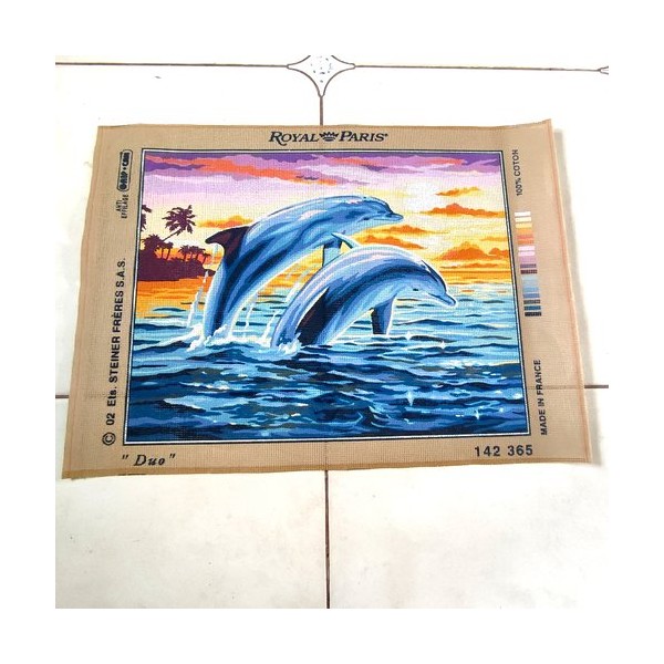 Canevas - 2 dauphins - bleu - 40x50cm - 100% coton - Photo n°1