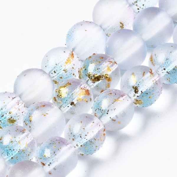 Fil de 45 perles de verre givré avec feuille d'or 8 / 9 mm BLANC BLEU - Photo n°1