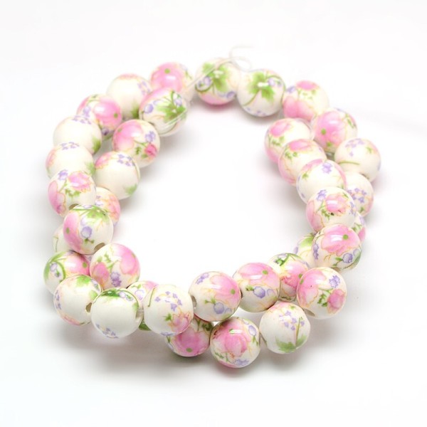 6 perles rondes en porcelaine fabrication bijoux 10 mm FLEUR ROSE FEUILLE - Photo n°1