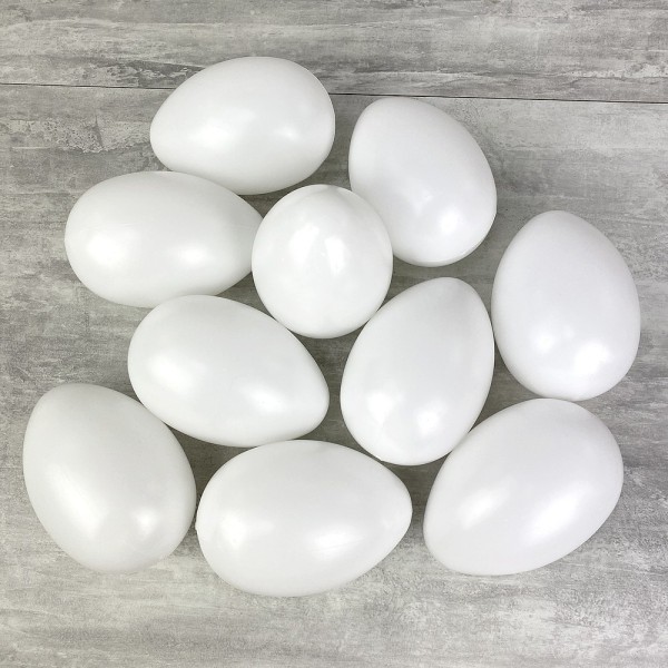 Lot 10 grands Oeufs en plastique blanc, haut. 14 cm, avec trou de suspension, non séparables, à déco - Photo n°2