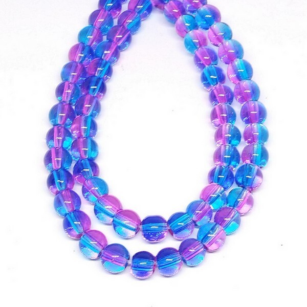 Fil de 130 perles de verre transparent deux couleurs fabrication bijoux 6 mm BLEU FUSCHIA - Photo n°1