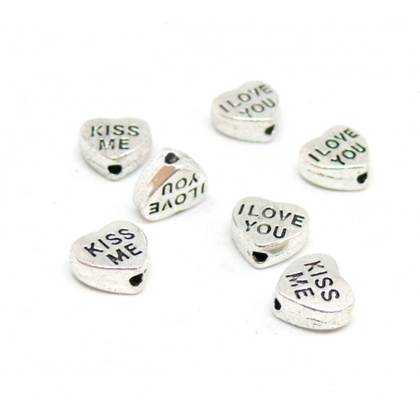 PS110100517 PAX 20 perles intercalaires Coeur à message Kiss me, Love me 8 mm metal couleur Argent - Photo n°1