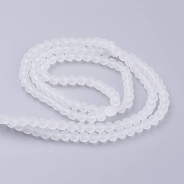 Fil de 135 perles ronde de verre transparent mat givré 6 mm fabrication bijoux BLANC - Photo n°2