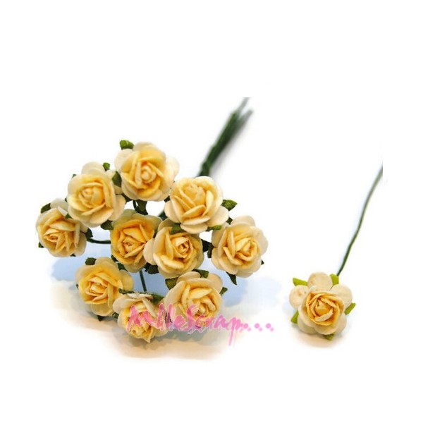 Petites roses papier jaune clair, blanc - 10 pièces - Photo n°1