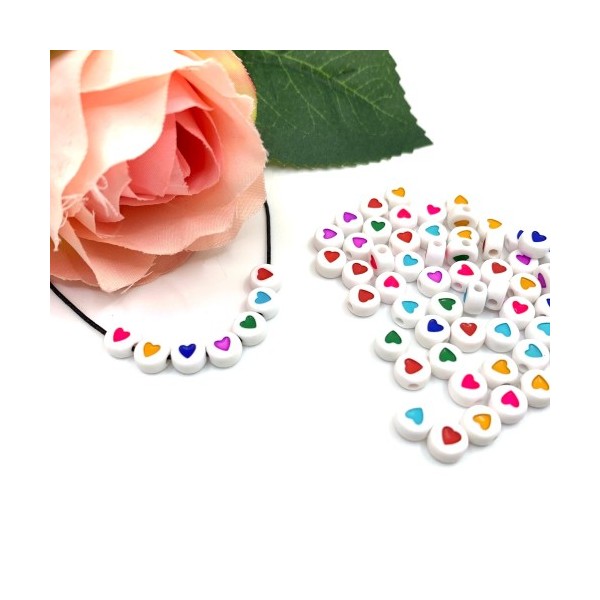 70 Perles acrylique Rondes Symbole Coeurs Multicolores, 7*4 mm - Photo n°1