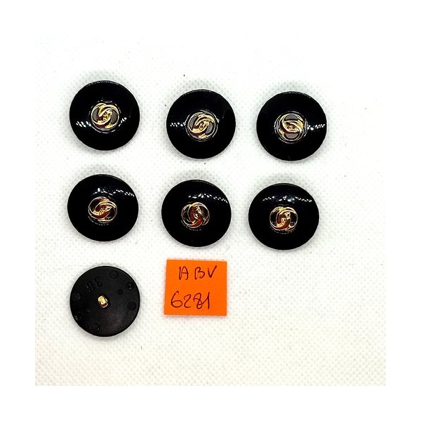 7 Boutons en résine noir avec un liserai doré - 28mm - ABV6282 - Photo n°1
