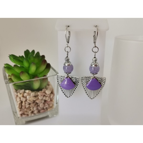 Kit boucles d'oreilles perles en verre lilas et pendentif argent mat - Photo n°1