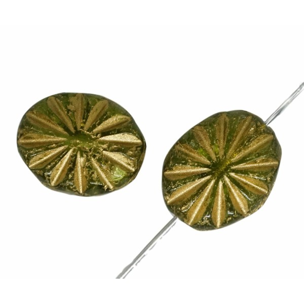 12pcs Cristal Vert Or Patine Lavage Halloween Fleur Plate Perles Ovales Sculptées Verre Tchèque 12mm - Photo n°1