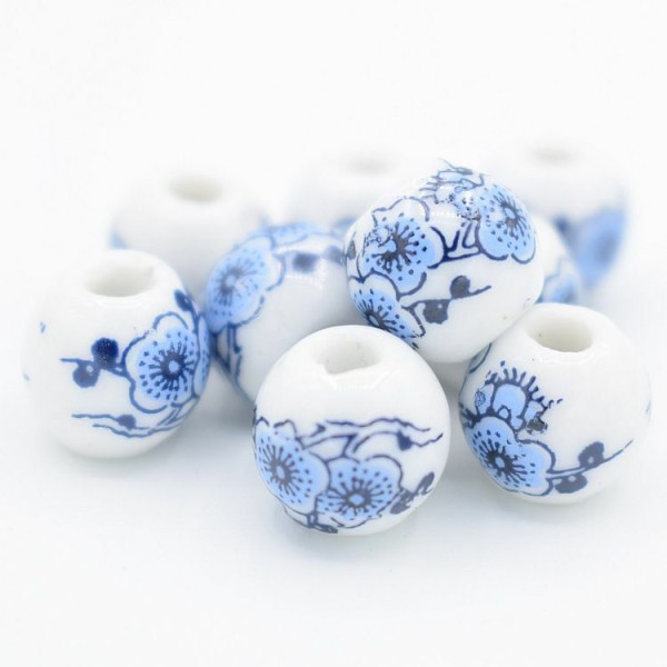 10pc Blanc Bleu Tambour Rond En Céramique Porcelaine Boho Perles Émaillées Perles Rondes En Porcelai - Photo n°2