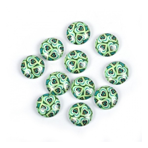 Cabochons en verre 12 mm rond motif vert x 5 - Photo n°1
