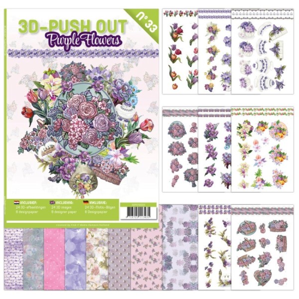 Carte 3D livre A4 prédécoupé - Fleurs pourpres 24 images + papiers - Photo n°1