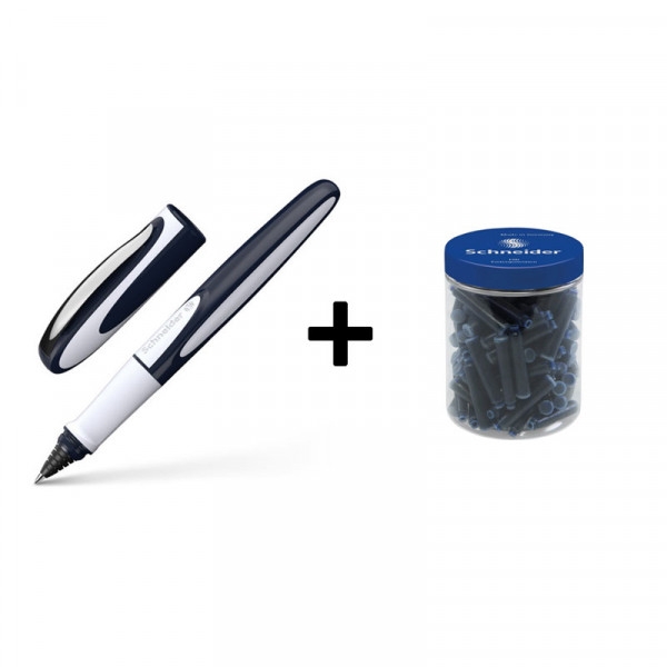 Lot stylo roller rechargeable Ray + Pot de 100 cartouches bleu - Schneider - Photo n°1